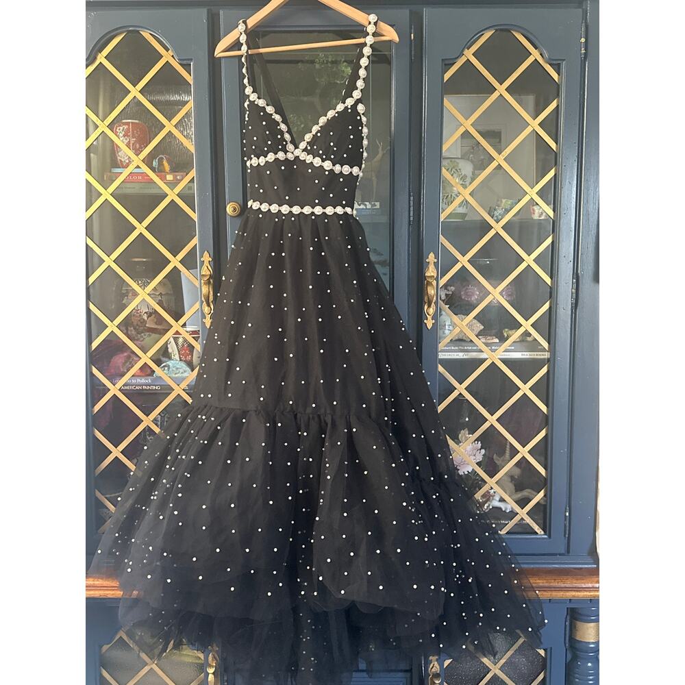 Mac Duggal Black Midi Dress with Pearl Embellishments - Picture 4 of 10